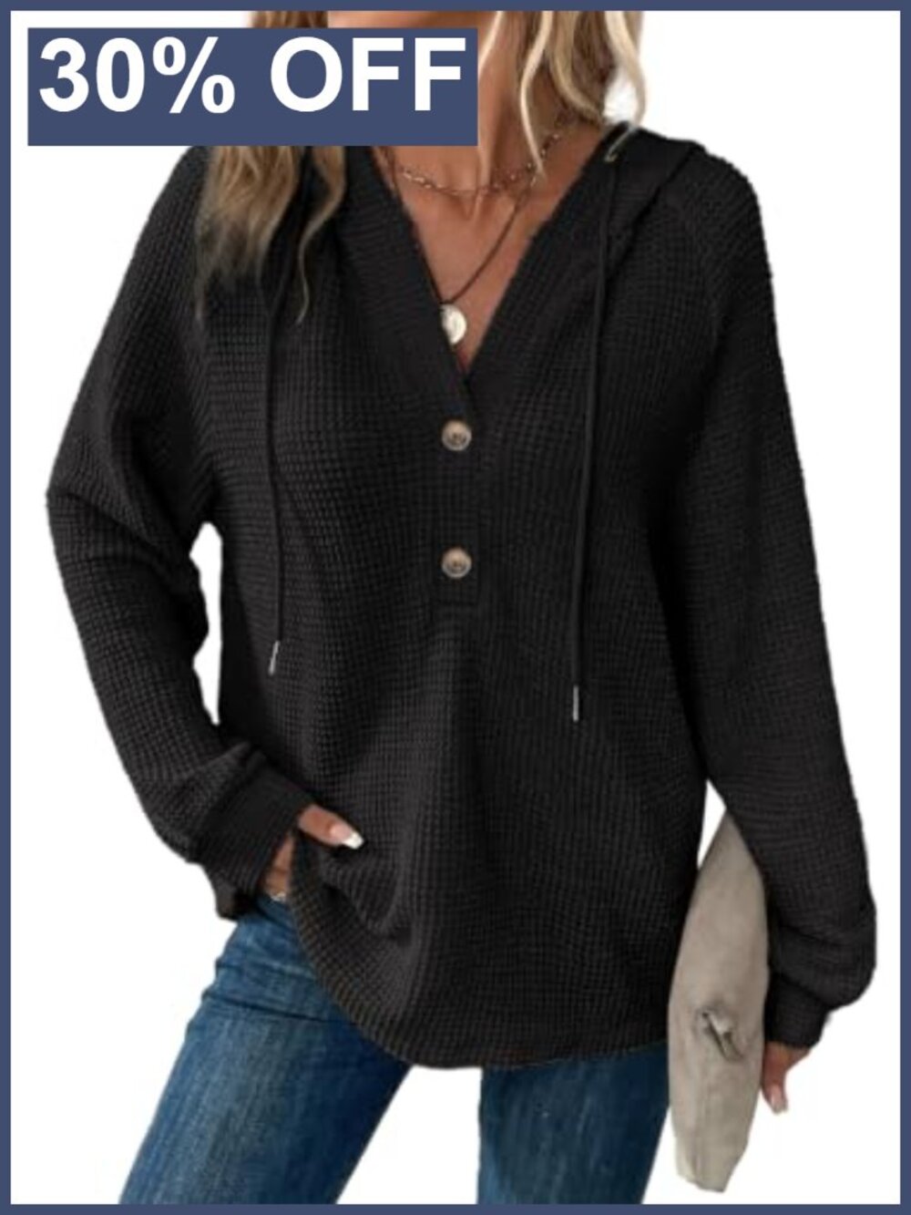 Waffle Knit Hoodie Womens Button V Neck Oversized Sweatshirt Long Sleeve
